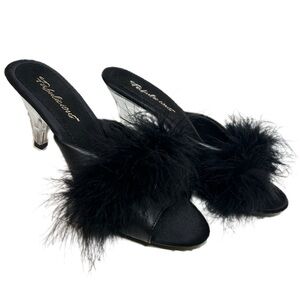 Fabulicious Black faux fur/feathered slippers with a 2.5" kitten heel